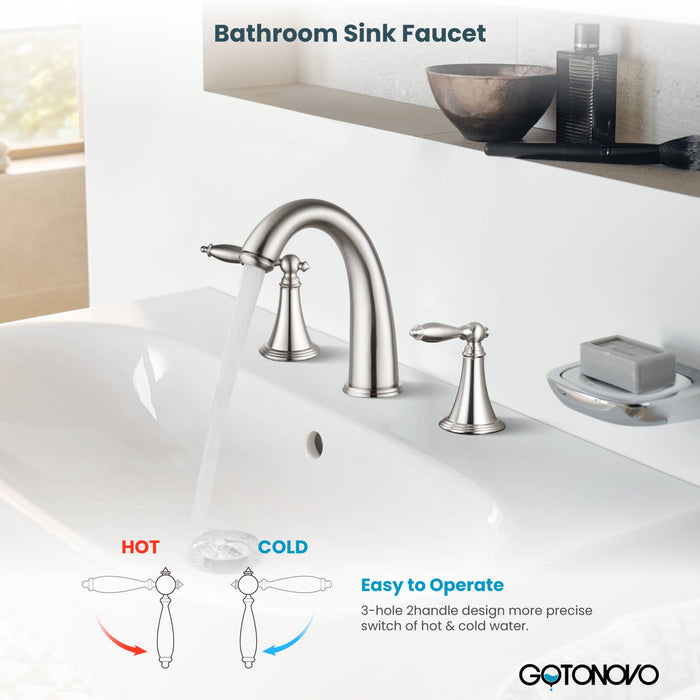 gotonovo Widespread 3 Hole Bathroom Sink Faucet Double Lever Handle 8 Inch Mixer Tap with Pop Up Drain with Overflow Deck Mount