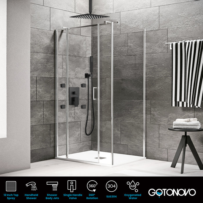 Gotonovo Rain Shower Combo Set Ceiling Mounted Square Rainfall Shower Head with Body Spray Jets and Brass Handshower Pressure Balance Rough-in Valve and Trim Included