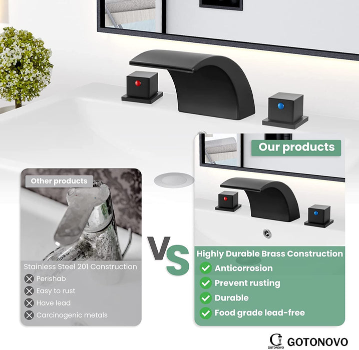 Gotonovo Waterval Wijdverspreide 3 Gaten Badkamer Wastafel Kraan Badrandcombinaties 8-16 Inch Dubbele Handgrepen Commercieel met Pop-Up Afvoer