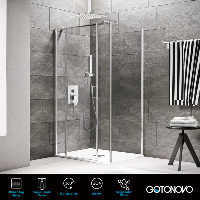 Gotonovo Rain Shower Combo Set Square Shower head SUS304 Stainless Steel Shower Trim Kit 2 in 1 Cylindrical Handheld shower with Rough-in Valve