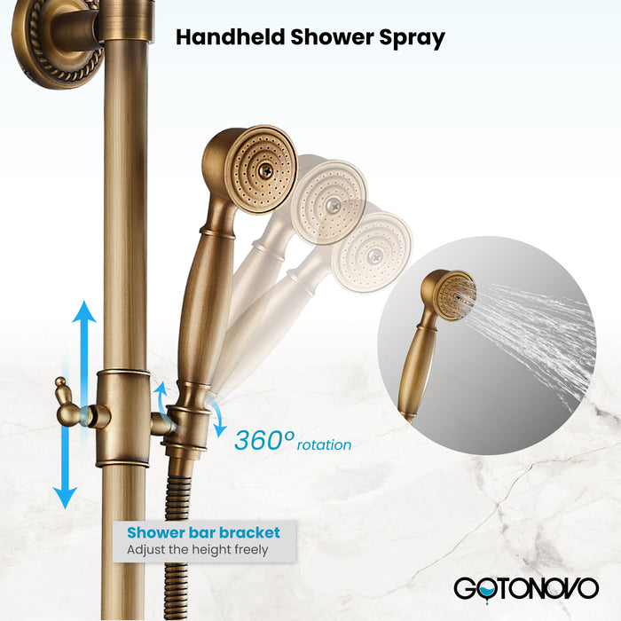 Gotonovo Exposed Shower System 8 Inch Rainfall Shower Head with Handheld Spray Dual Cross Knobs Mixer Bathroom Shower Combo Set Wall Mount