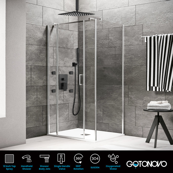 Gotonovo Rain Shower Combo Set Ceiling Mounted Square Rainfall Shower Head with Body Spray Jets and Brass Handshower Pressure Balance Rough-in Valve and Trim Included