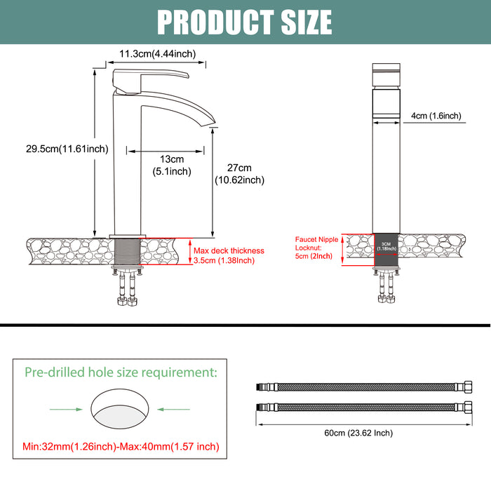 Brushed Nickel Bathroom Sink Faucet SUS304 Stainless Steel Tall Body Curved Spout Vessel Bowl Tap Single Handle 1 Hole Lavatory Vanity Mixer Bar Tap Deck Mount