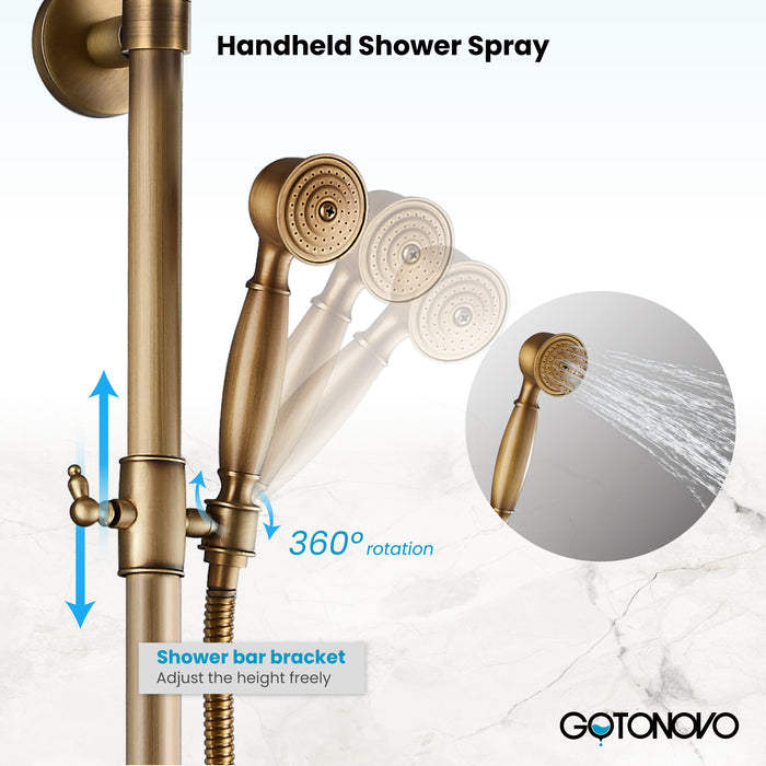 Gotonovo Exposed Shower Fixture 8 Inch Rainfall Shower Head with Handheld Spray Dual Cross Knobs Mixer Bathroom Triple Function Shower Combo Set Wall Mount
