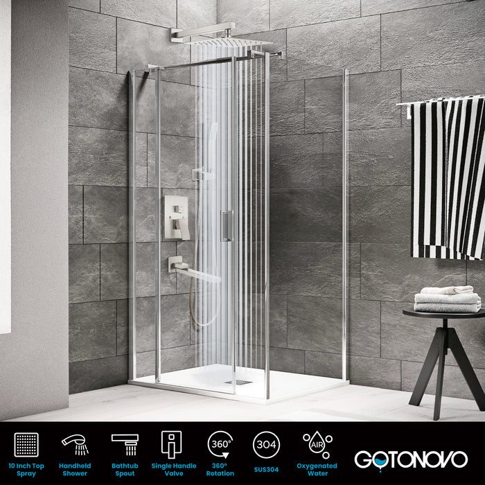 Gotonovo Rain Shower Combo Set Luxury 3-Function with Rotating Tub Spout,Square Rainfall Shower Head and Handheld Spray Rough-in Valve Body and Trim Included