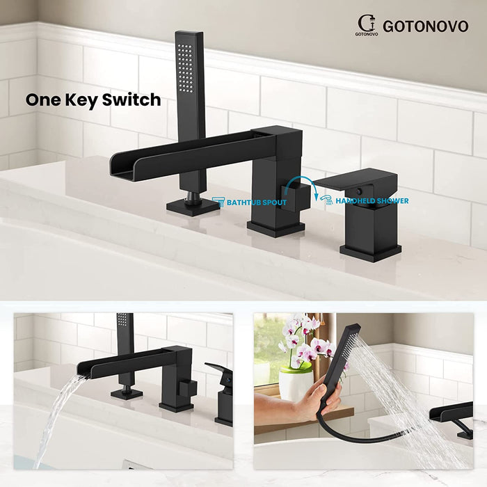 Gotonovo Waterval Romeinse badkuipkraan Tub Filler 3-gats dekmontage Enkele handgreep Wijdverspreide badkuipkraan met handdouche Badkamerkraan