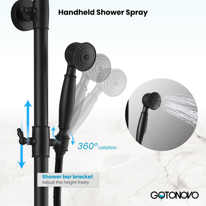 Gotonovo Exposed Shower Fixture 8 Inch Rainfall Shower Head with Handheld Spray Dual Cross Knobs Mixer Bathroom Triple Function Shower Combo Set Wall Mount