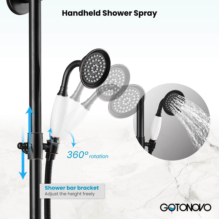 Gotonovo Exposed Shower System Wall Mounted Triple Function 8 Inch Rainfall Shower Head with Handheld and Tub Spout Double Cross Handles