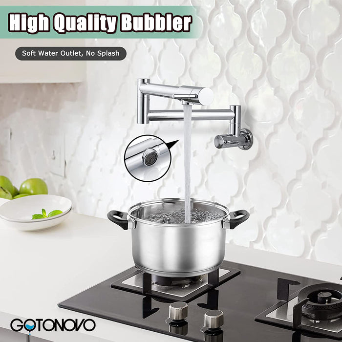 gotonovo Pot Filler Faucet Folding Stretchable Wall Mount Kitchen Restaurant Sink Faucet SUS304 Stainless Steel with Double Joint Swing Arm Single Hole Two Handles Commercial NPT