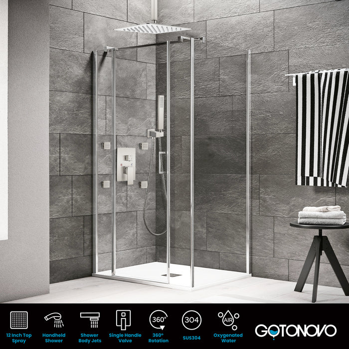 Gotonovo Rain Shower Combo Set Ceiling Mounted Square Rainfall Shower Head with Body Spray Jets and Brass Handshower Pressure Balance Rough-in Valve and Trim Included