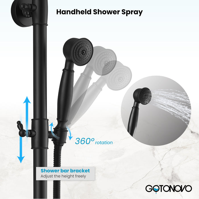 Gotonovo Exposed Shower System 8 Inch Rainfall Shower Head with Handheld Spray Dual Cross Knobs Mixer Bathroom Shower Combo Set Wall Mount