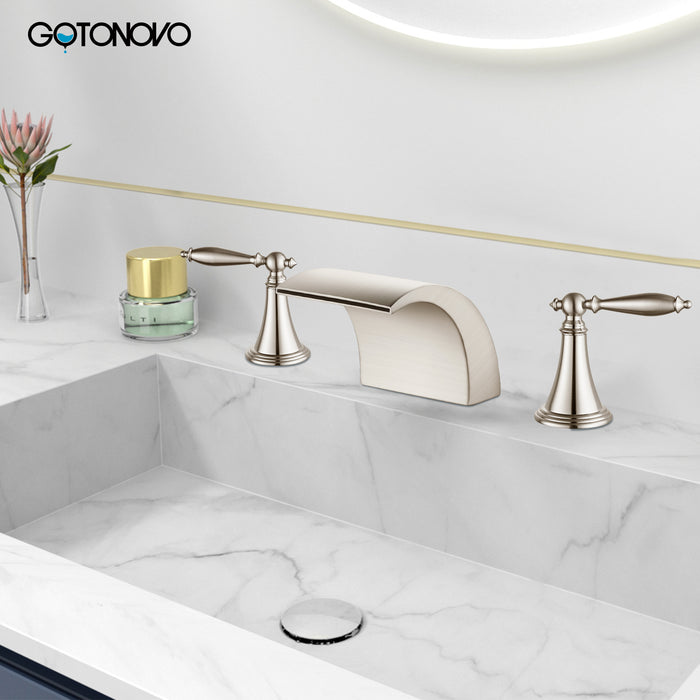 gotonovo Bathroom Widespread Sink Faucet Waterfall Spout 8 16 Inch Dual Handles Three Holes Deck Mount Pop Up Drain with Overflow Bathtub Basin Mixer Tap Commercial