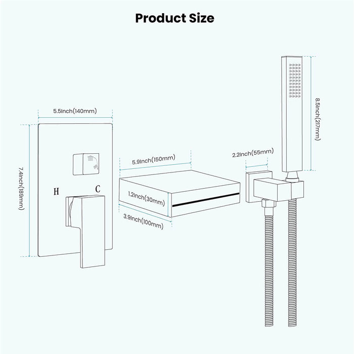 gotonovo  Waterfall Bathtub Faucet with Hand Held Shower Wall Mounted Rough in Valve Bathroom Tub Filler Spout Bathtub Sprayer Solid Brass