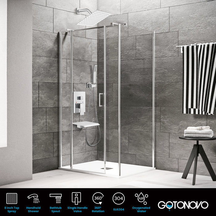 Gotonovo Rain Shower Combo Set with Waterfall Tub Spout, Square Rainfall Shower Head with Handheld Spray Pressure Balance Rough-in Valve and Trim Included