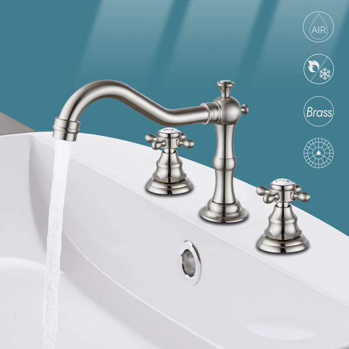 gotonovo Bathroom Sink Faucet Deck Mount Widespread Double Mixing Tap Cross Knobs 3 Hole with Pop Up Drain