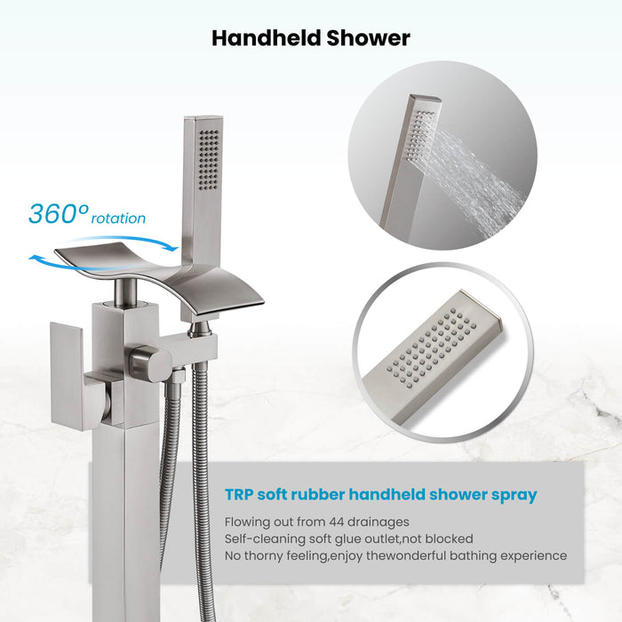 gotonovo Freestanding Bathtub Faucet Floor Mount Waterfall Tub Filler Brass Tap with Hand Shower and 360 Degree Swivel Spout Single Handle