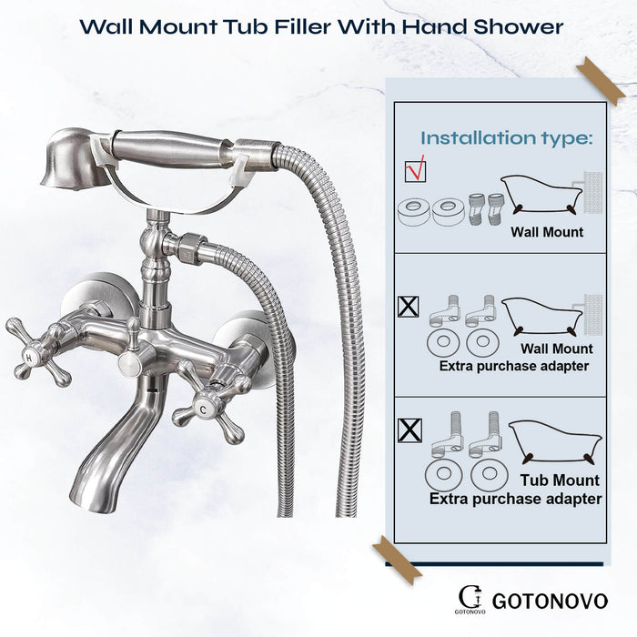 gotonovo Wall Mount Bathroom Bathtub Faucet Set Vintage with Hand Held Shower Spray Double Cross Handle 2 Functions 360 Swivel Mixer Tub Spout