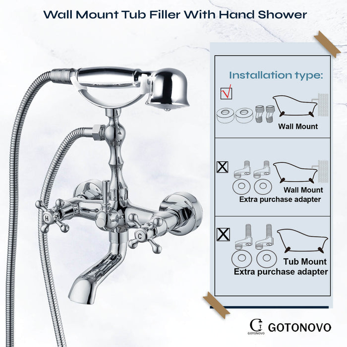 gotonovo Wall Mount Bathroom Bathtub Faucet Set Vintage with Hand Held Shower Spray Double Cross Handle 2 Functions 360 Swivel Mixer Tub Spout