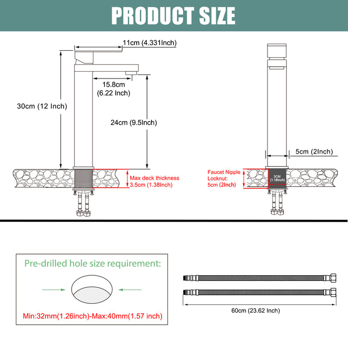 SUS304 Stainless Steel Bathroom Sink Faucet Tall Body Vessel Bowl Tap Single Handle 1 Hole Lavatory Vanity Mixer Bar Tap Tall Spout Deck Mount