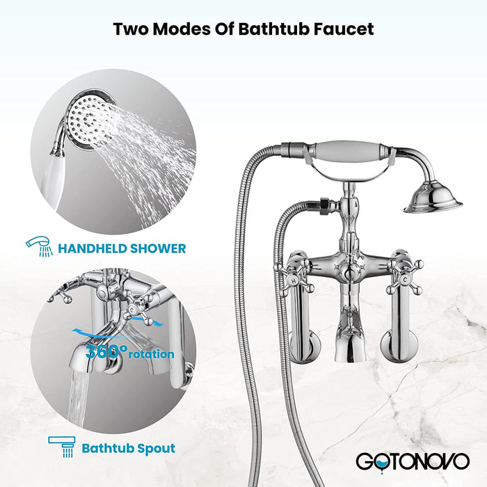 gotonovo Vintage Wall Mount Clawfoot Bathtub Faucet 1.8-17.4Inch Adjustable Center Double cross Handle Shower Faucet System Telephone Shape with Lengthen Adapter Adjustable Swing Arms