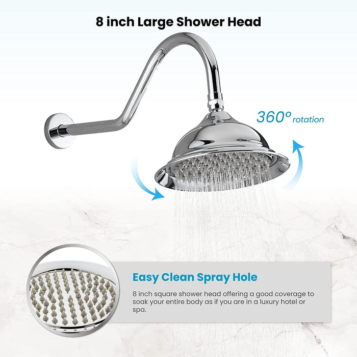 Gotonovo Exposed Shower System Wall Mount 8 inches Stainless Steel SUS304  Shower Head With Adjustable Hand Spray Triple Function Rainfall Shower
