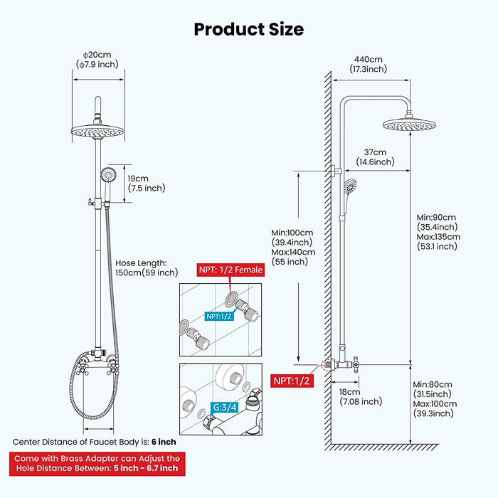 Gotonovo Exposed Shower System 8 Inch Rainfall Shower Head with 3 Function ABS Handheld and Double Cross Handle Wall Mounted Bathroom Luxury Mixer Shower Combo Set