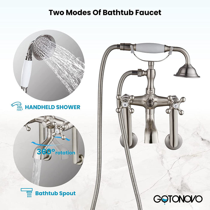 gotonovo Vintage Wall Mount Clawfoot Bathtub Faucet 1.8-17.4Inch Adjustable Center Double cross Handle Shower Faucet System Telephone Shape with Lengthen Adapter Adjustable Swing Arms