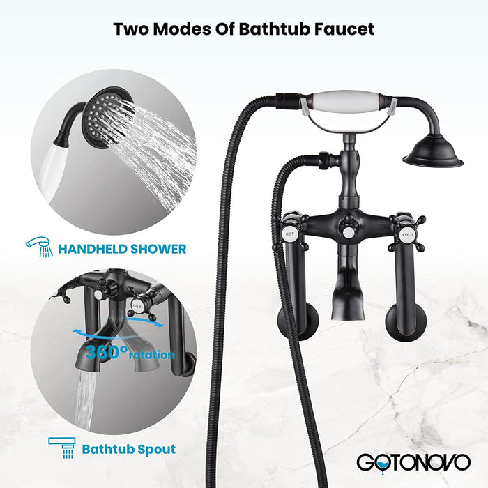 gotonovo Vintage Wall Mount Clawfoot Bathtub Faucet 1.8-17.4Inch Adjustable Center Double cross Handle Shower Faucet System Telephone Shape with Lengthen Adapter Adjustable Swing Arms