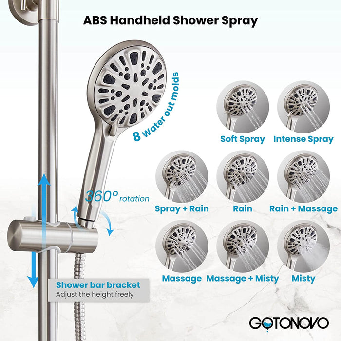 Gotonovo Exposed Shower System 8 Inch Rainfall Shower Head with 3 Function ABS Handheld and Double Cross Handle Wall Mounted Bathroom Luxury Mixer Shower Combo Set