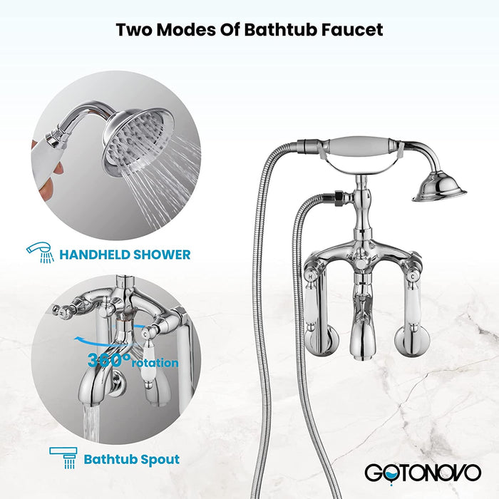 gotonovo Clawfoot Bathtub Shower Faucet Wall Mount with Hand Held Shower Sprayer Bathtub Faucet Set Double Level Handle 6 Inch Center with Lengthen Adapter Adjustable Swing Arms