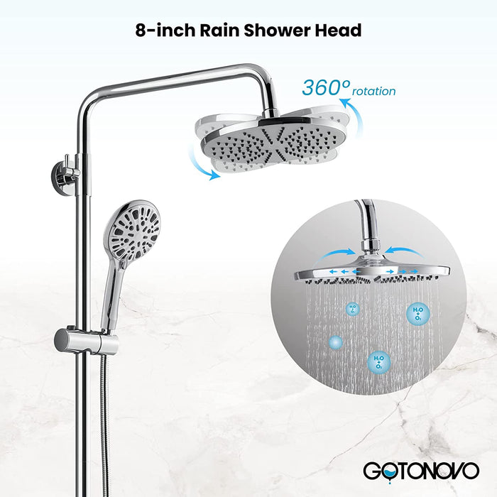 Gotonovo Exposed Shower System 8 Inch Rainfall Shower Head with 3 Function ABS Handheld and Double Cross Handle Wall Mounted Bathroom Luxury Mixer Shower Combo Set