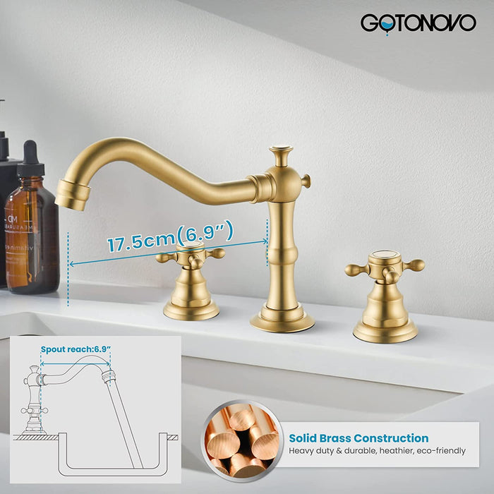 Gotonovo Victorian Widespread Three Holes Deck Mounted Bathroom Sink Faucet with Pop Up Drain with Overflow