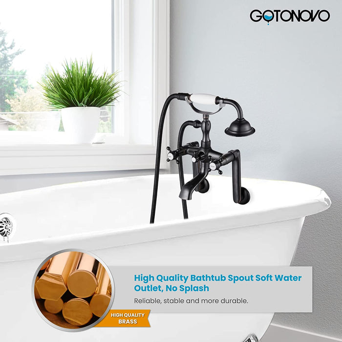 gotonovo Vintage Wall Mount Clawfoot Bathtub Faucet 1.8-17.4Inch Adjustable Center Double cross Handle Shower Faucet System Telephone Shape with Lengthen Adapter Adjustable Swing Arms