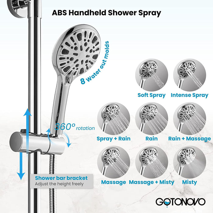 Gotonovo Exposed Shower System 8 Inch Rainfall Shower Head with 3 Function ABS Handheld and Double Cross Handle Wall Mounted Bathroom Luxury Mixer Shower Combo Set