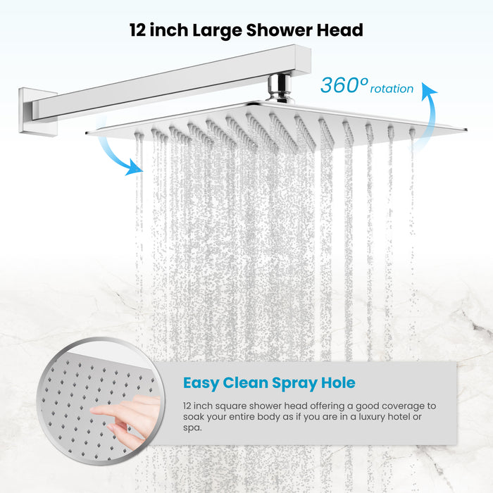 Gotonovo Rain Shower Combo Set Luxury 3-Function with Rotating Tub Spout,Square Rainfall Shower Head and Handheld Spray Rough-in Valve Body and Trim Included