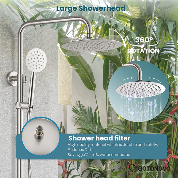 gotonovo Outdoor Shower Fixture System Combo Set Rainfall Lever Handle High Pressure Round Hand Spray Wall Mount Dual Function SUS304