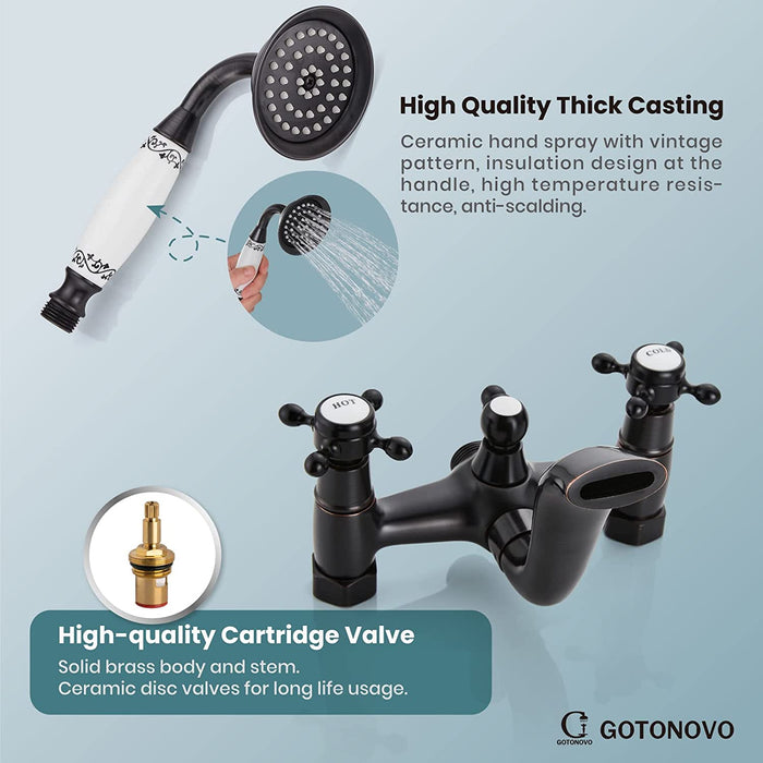 gotonovo Wall Mount Bathtub with Hand Held Shower Spray Faucet Set Bathroom Double Cross Handle 2 Functions 360 Swivel Mixer Tub Spout