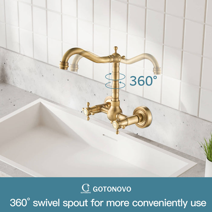 gotonovo Wall Mount Sink Faucet Dual Knobs cross Handle Vintage Kitchen Bathroom Farmhouse Mixer Tap