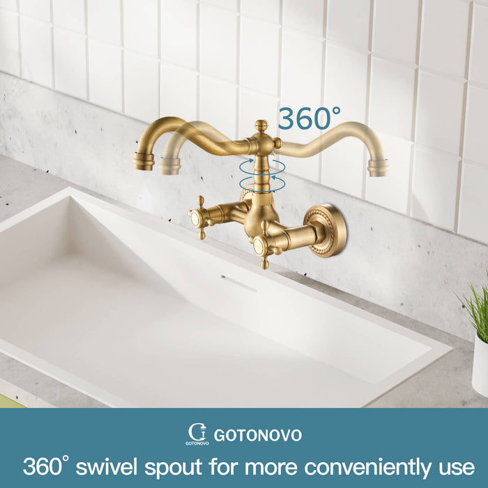 gotonovo Wall Mount Sink Faucet Dual Knobs cross Handle Vintage Kitchen Bathroom Farmhouse Mixer Tap