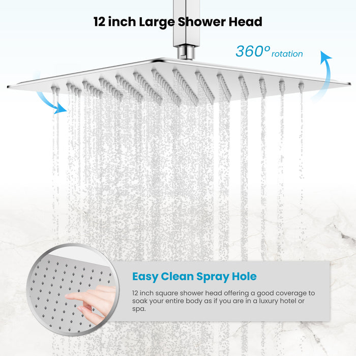 Gotonovo Rain Shower Combo Set Square Shower head SUS304 Stainless Steel Shower Trim Kit 2 in 1 Cylindrical Handheld shower with Rough-in Valve