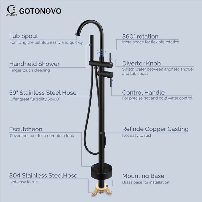 Gotonovo Freestanding Bathtub Faucet Solid Brass Black Floor Mount Tub Filler with Two Function Handheld 360 Degree Swivel Standing High Flow Spout Mixer Taps