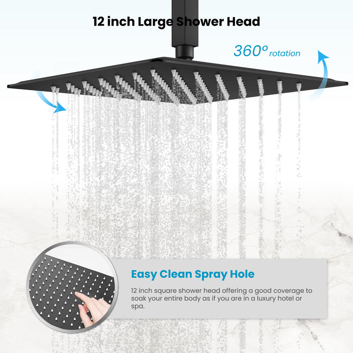 Gotonovo Rain Shower Combo Set Ceiling Mounted Square Rainfall Shower Head with Body Spray Jets and Brass Handshower Pressure Balance Rough-in Valve and Trim Included