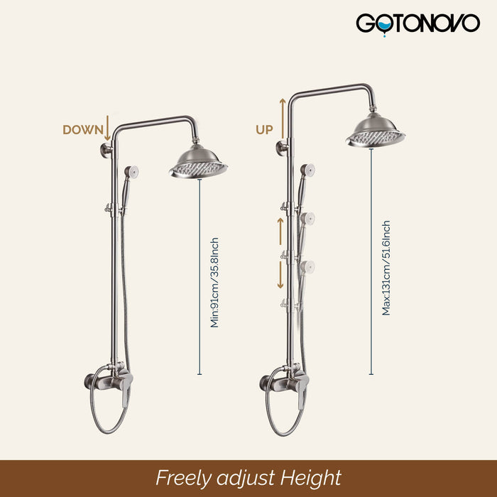 gotonovo Exposed Pipe Shower System Brass 8 Inch Overhead Rainfall Shower Fixture with Handheld Spray Dual Functions Solid Diverter Wall Mounte Bathroom Shower Faucet Combo Unit Set