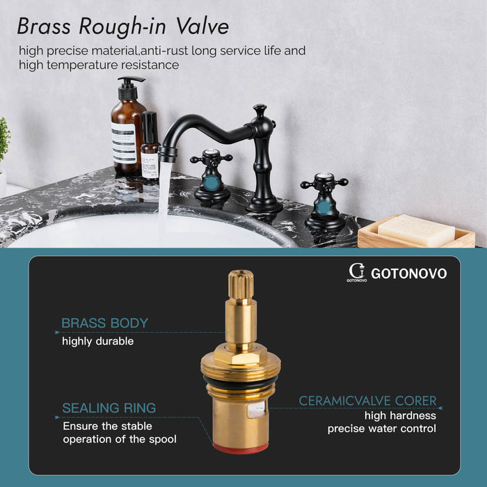 gotonovo Bathroom Sink Faucet Deck Mount Widespread Double Mixing Tap Cross Knobs 3 Hole with Pop Up Drain