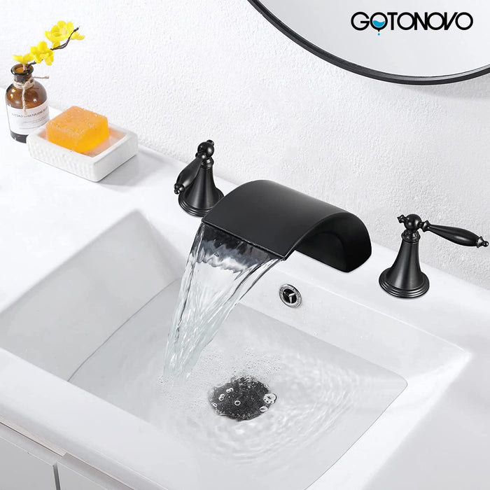 gotonovo Bathroom Widespread Sink Faucet Waterfall Spout 8 16 Inch Dual Handles Three Holes Deck Mount Pop Up Drain with Overflow Bathtub Basin Mixer Tap Commercial