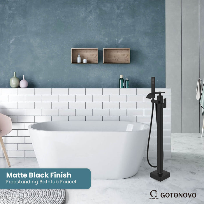 gotonovo Freestanding Tub Filler Waterfall Bathtub Faucet Floor Mount Single Handle Brass Tub Faucets with Handheld Shower Swivel Spout