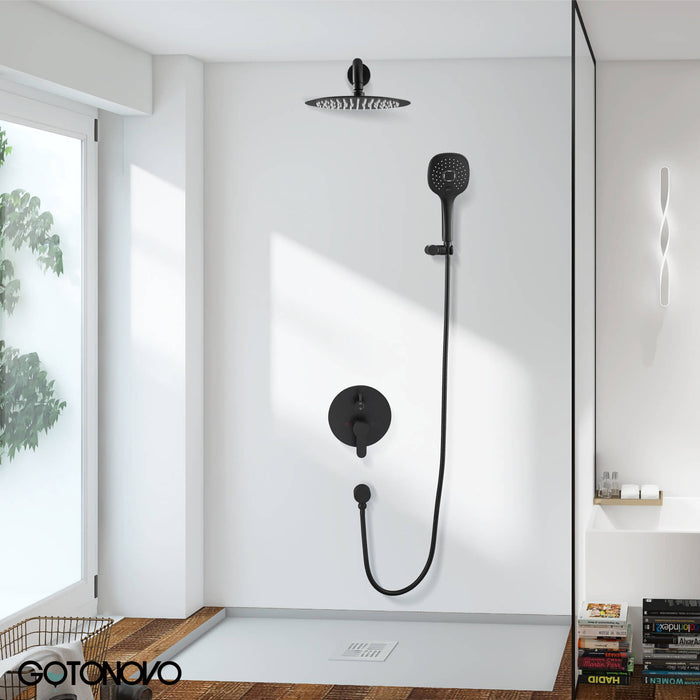 Matte Black Bathroom Shower System 10 Inch Rainfall Showerhead Round ABS Handheld Luxury Rain Mixer Shower Combo Set Wall Mounted Shower Fixture Shower Faucet Rough-in Valve Body and Trim Included