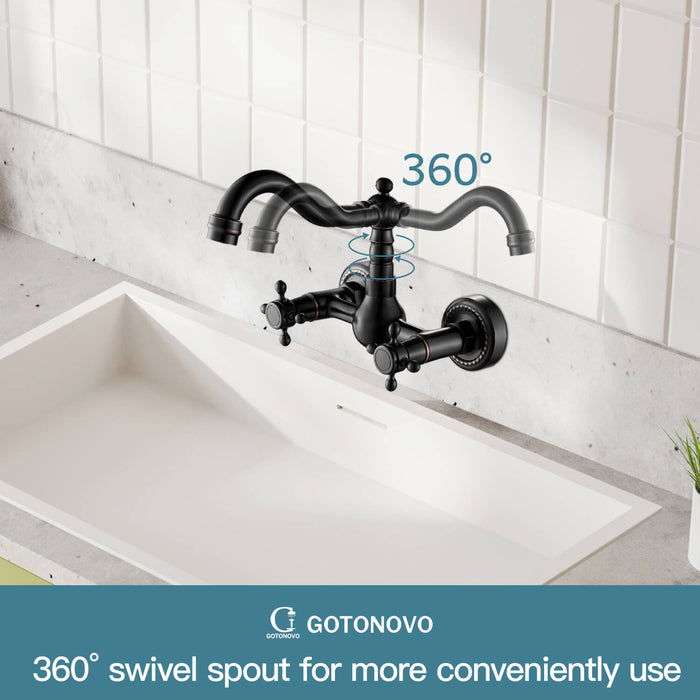 gotonovo Wall Mount Sink Faucet Dual Knobs cross Handle Vintage Kitchen Bathroom Farmhouse Mixer Tap