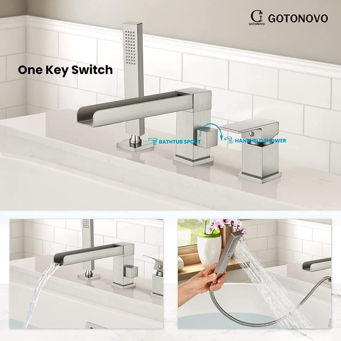 Gotonovo Waterval Romeinse badkuipkraan Tub Filler 3-gats dekmontage Enkele handgreep Wijdverspreide badkuipkraan met handdouche Badkamerkraan