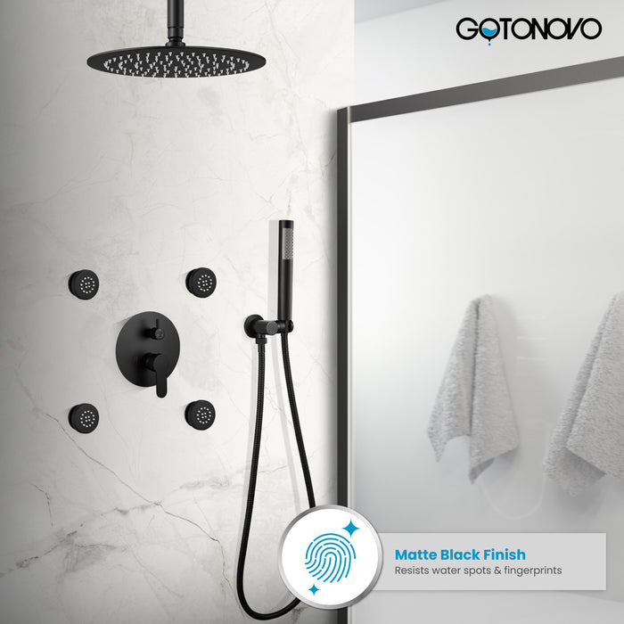 Gotonovo Rain Shower Combo Set Ceiling Mounted Matte Black 12-inch Round Rain Shower Head with Body Spray Jets and Brass Handheld Shower Pressure Balance Rough-in Valve and Trim Included
